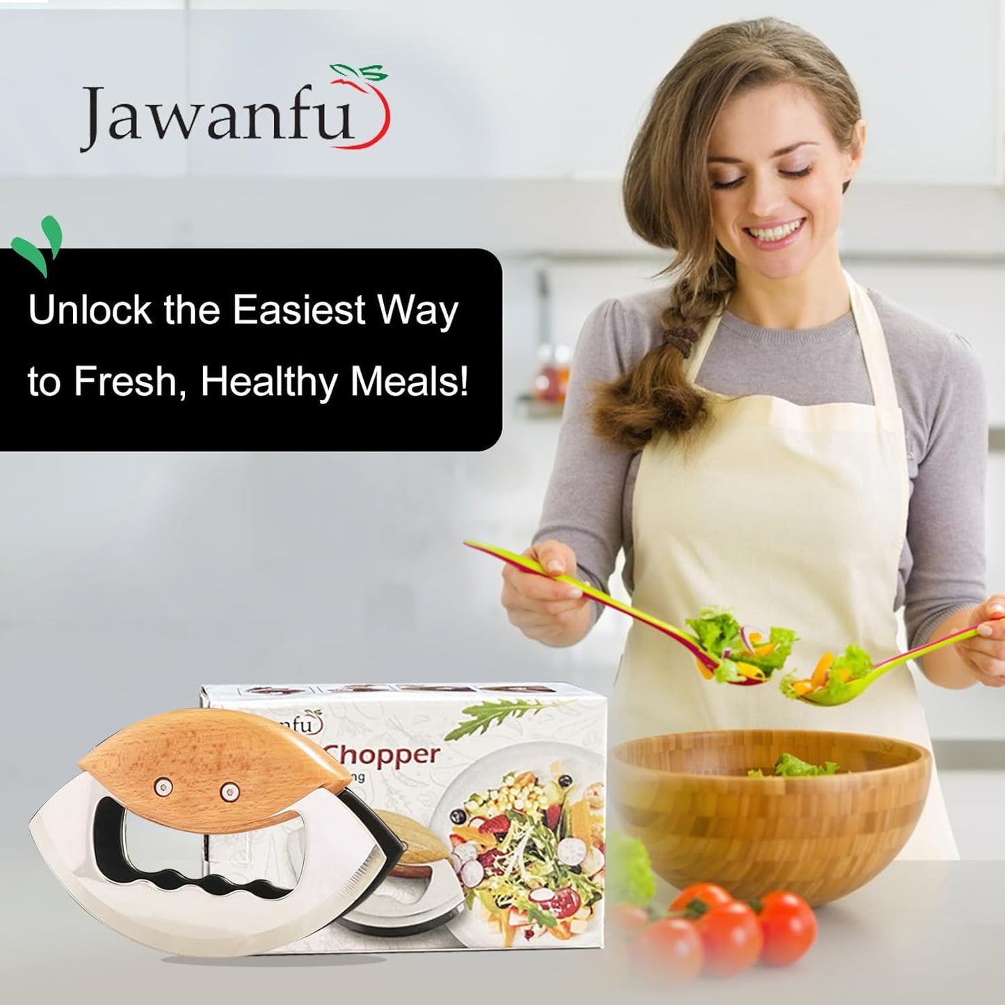 Salad Chopper Tools, Finely Chopped Salad Mezzaluna Knife | Ultra-Sharp Double Stainless Steel Blades , Comfortable Wood Handle, Protective Cover, Handheld Salad Cutter