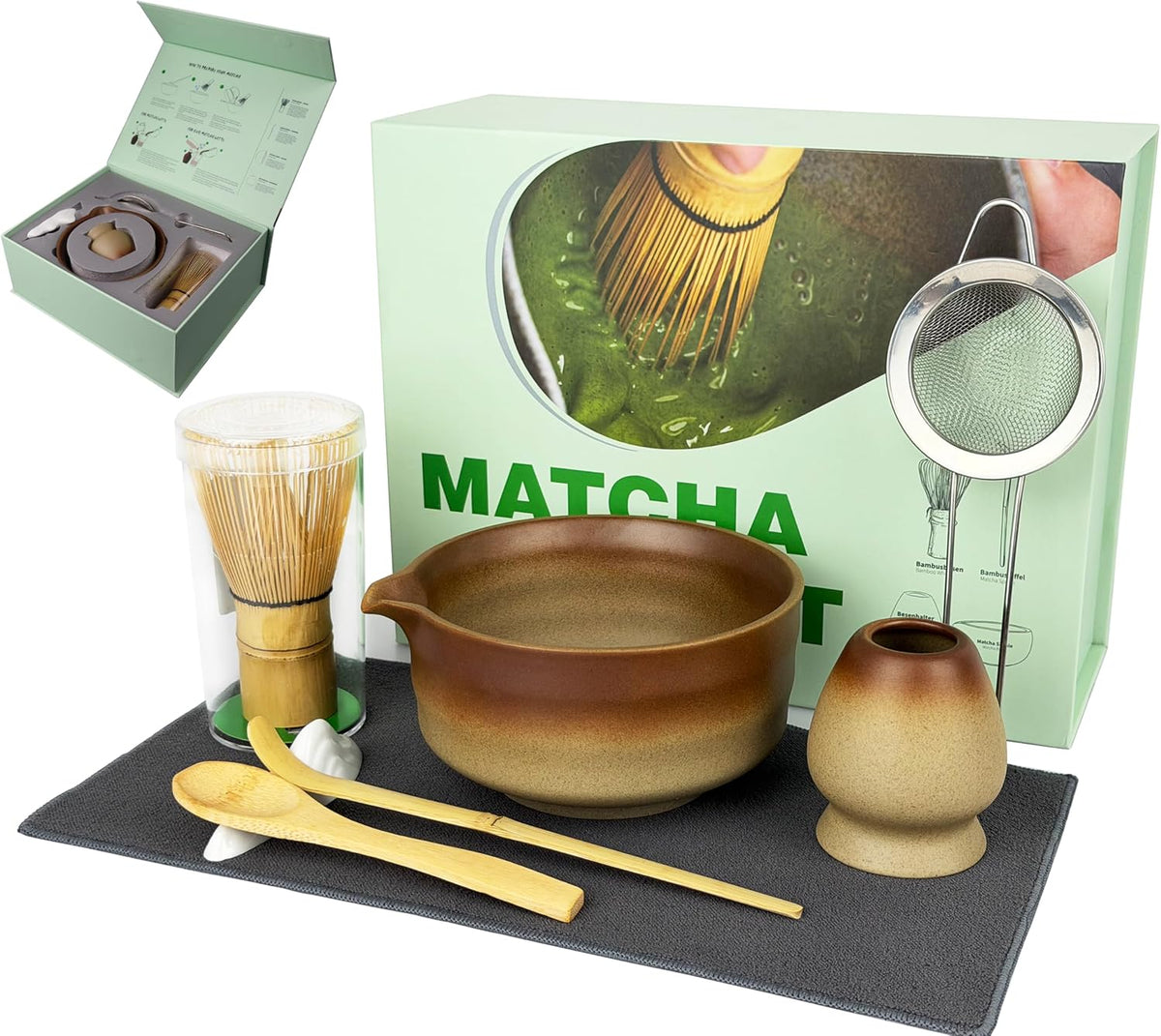 Matcha Whisk Set, 7 Pcs Matcha Kit with Bamboo Tools, Bamboo Design Matcha Bowl, Holder, Scoop, Scoop Rest, Sifter and Tea Towel for Matcha Lovers