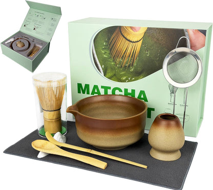 Matcha Whisk Set, 7 Pcs Matcha Kit with Bamboo Tools, Bamboo Design Matcha Bowl, Holder, Scoop, Scoop Rest, Sifter and Tea Towel for Matcha Lovers