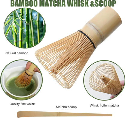 Matcha Whisk Set, 7 Pcs Matcha Kit with Bamboo Tools, Bamboo Design Matcha Bowl, Holder, Scoop, Scoop Rest, Sifter and Tea Towel for Matcha Lovers