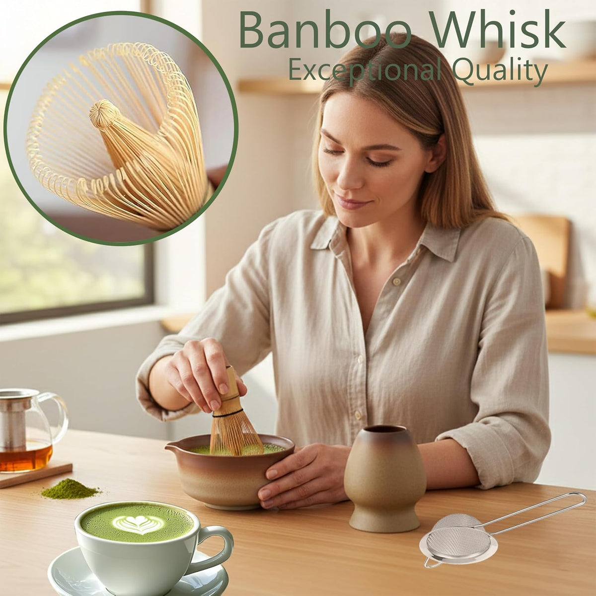 Matcha Whisk Set, 7 Pcs Matcha Kit with Bamboo Tools, Bamboo Design Matcha Bowl, Holder, Scoop, Scoop Rest, Sifter and Tea Towel for Matcha Lovers