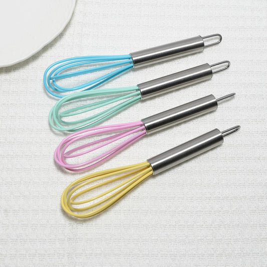 Mini Whisks 6 inch 4Pcs silica gel stainless steel Whisk, Hand Egg Mixer for Flour Cake Egg, Kitchen Cooking Baking Use Whisk （purple，yellow，cyan，blue）