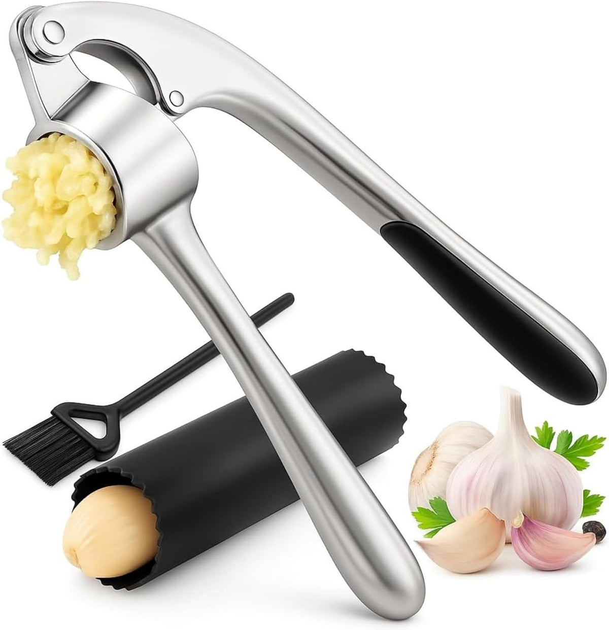Stainless Steel Garlic Press, Rustproof Garlic Crusher, Dishwasher Safe, Silver