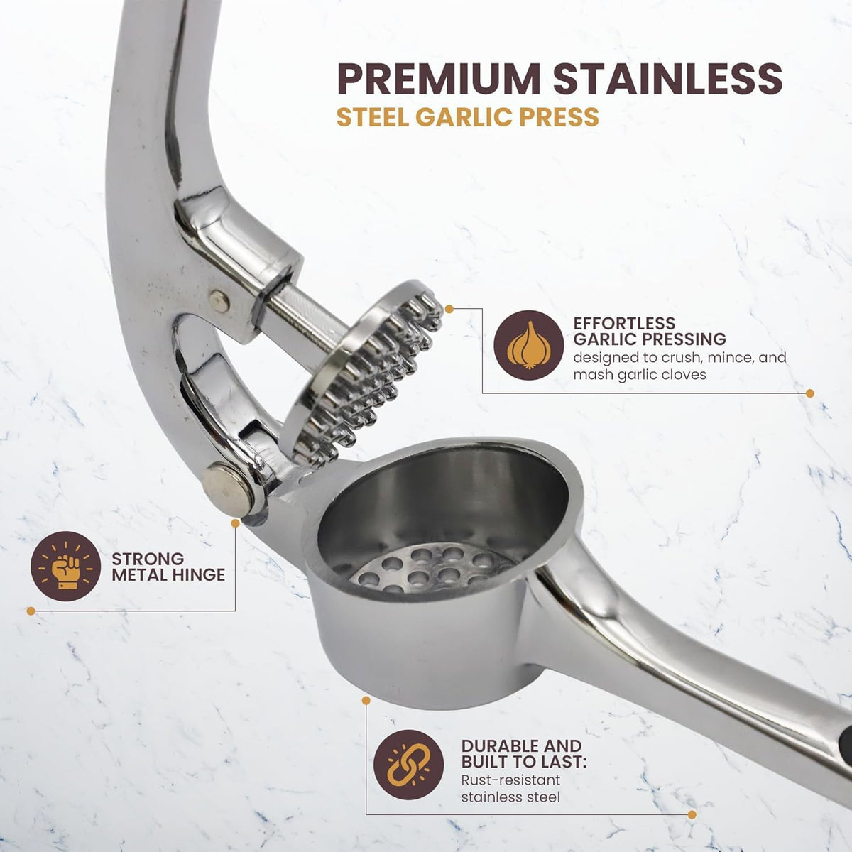 Stainless Steel Garlic Press, Rustproof Garlic Crusher, Dishwasher Safe, Silver