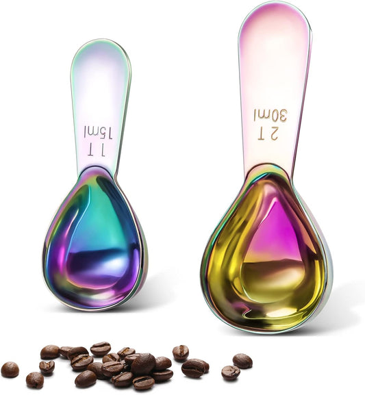 Stainless steel coffee scoop 2-piece set (1 tbsp, 2 tbsp) durable Tablespoon, ergonomic measuring spoon, Suitable for small and large jars，short-handled spoon (colored)