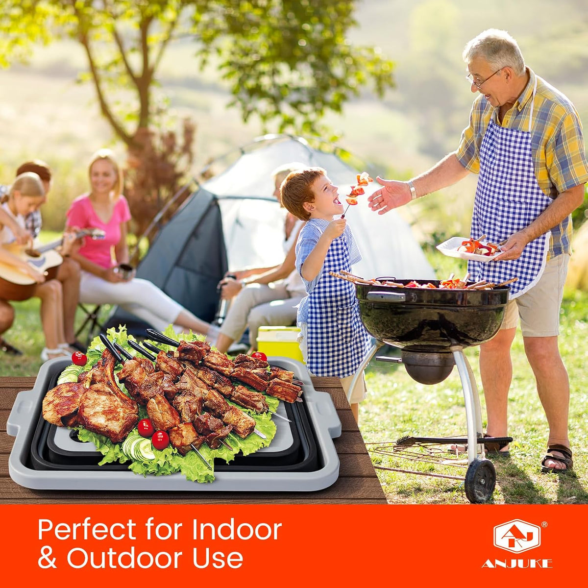 Upgraded Collapsible BBQ Prep Tub with Lid & Foldable Handle Stand - 4-in-1 for Meal Prep Marinating, Food Storage Container, Cutting Board & Beverage Cooler - Perfect for Camping & Picnic