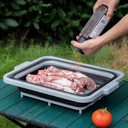 Upgraded Collapsible BBQ Prep Tub with Lid & Foldable Handle Stand - 4-in-1 for Meal Prep Marinating, Food Storage Container, Cutting Board & Beverage Cooler - Perfect for Camping & Picnic