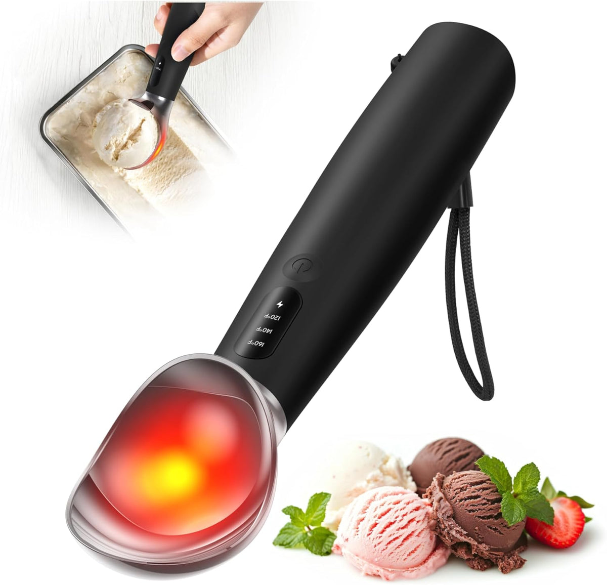Heated Ice Cream Scoop, 3-Temp Modes & 160°F Fast Heating | Rechargeable with LED Monitor, IPX7 Waterproof, Easy Scoop for Hard Ice Cream and Dessert Scooper- Black