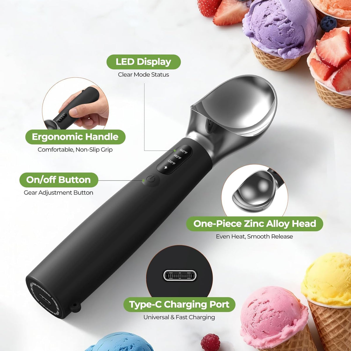 Heated Ice Cream Scoop, 3-Temp Modes & 160°F Fast Heating | Rechargeable with LED Monitor, IPX7 Waterproof, Easy Scoop for Hard Ice Cream and Dessert Scooper- Black