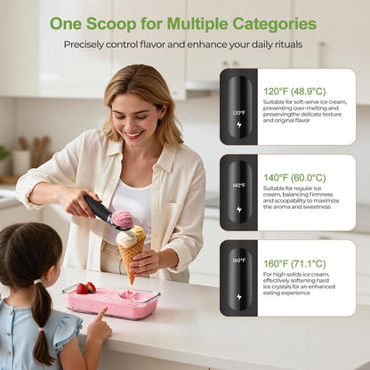 Heated Ice Cream Scoop, 3-Temp Modes & 160°F Fast Heating | Rechargeable with LED Monitor, IPX7 Waterproof, Easy Scoop for Hard Ice Cream and Dessert Scooper- Black
