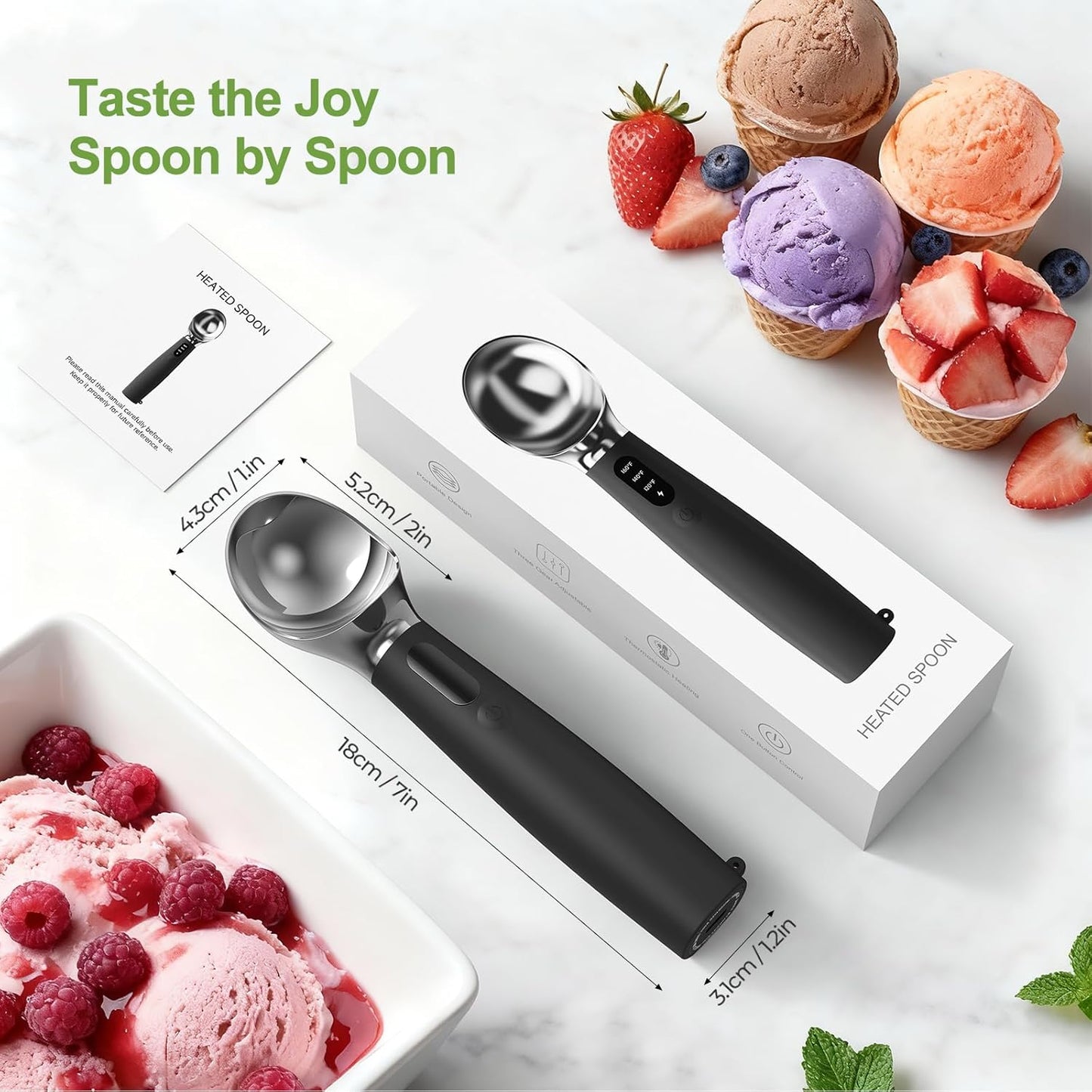 Heated Ice Cream Scoop, 3-Temp Modes & 160°F Fast Heating | Rechargeable with LED Monitor, IPX7 Waterproof, Easy Scoop for Hard Ice Cream and Dessert Scooper- Black