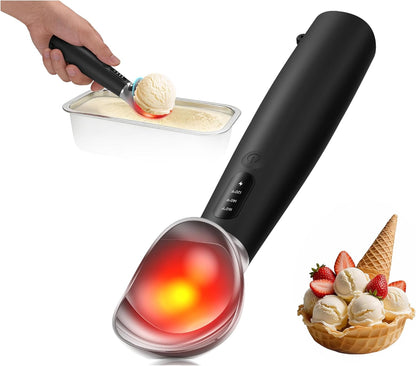 Heated Ice Cream Scoop, 3-Temp Modes & 160°F Fast Heating | Rechargeable with LED Monitor, IPX7 Waterproof, Easy Scoop for Hard Ice Cream and Dessert Scooper- Black
