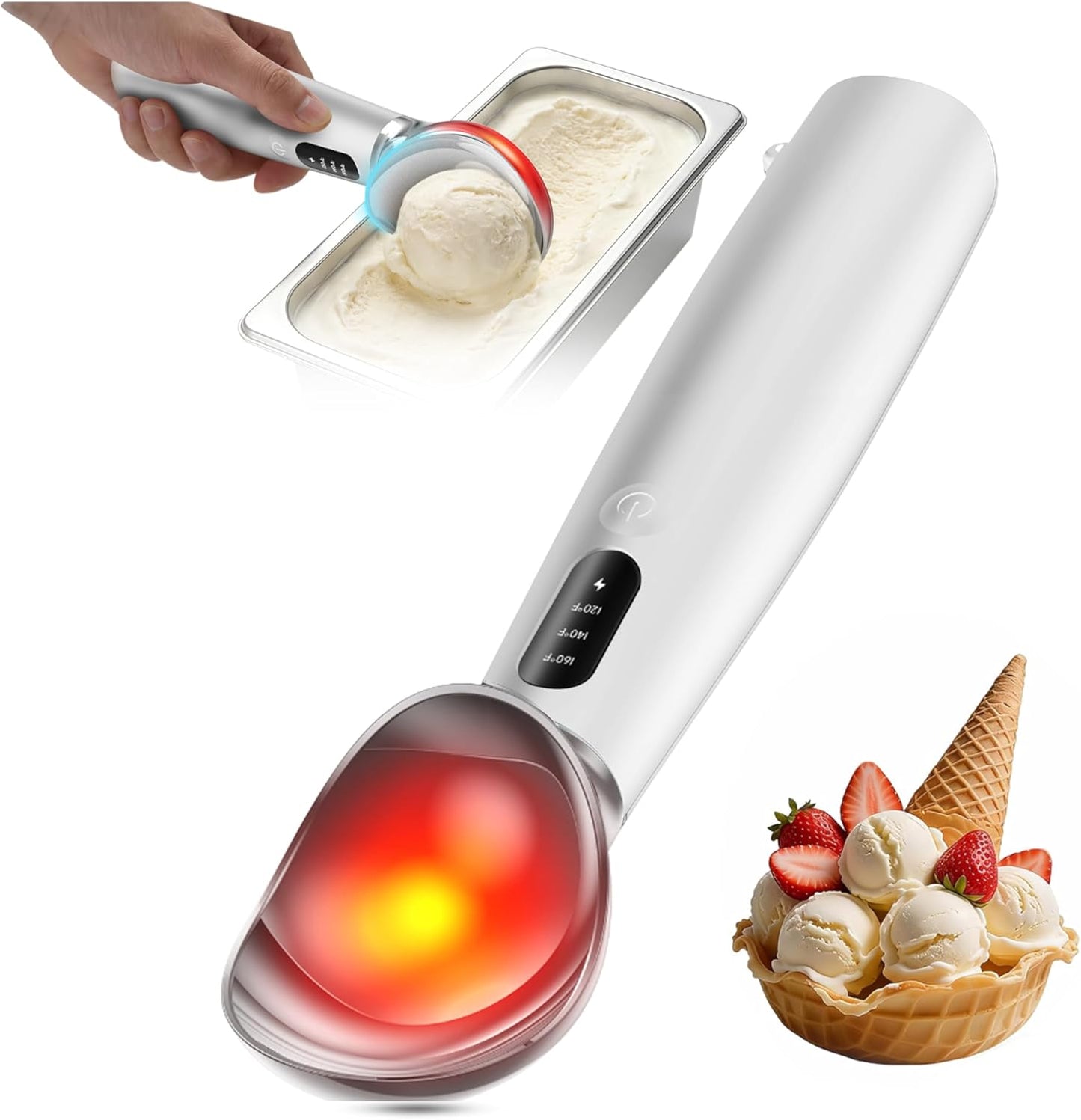 Heated Ice Cream Scoop, 3-Temp Modes & 160°F Fast Heating | Rechargeable with LED Monitor, IPX7 Waterproof, Easy Scoop for Hard Ice Cream and Dessert Scooper- Black