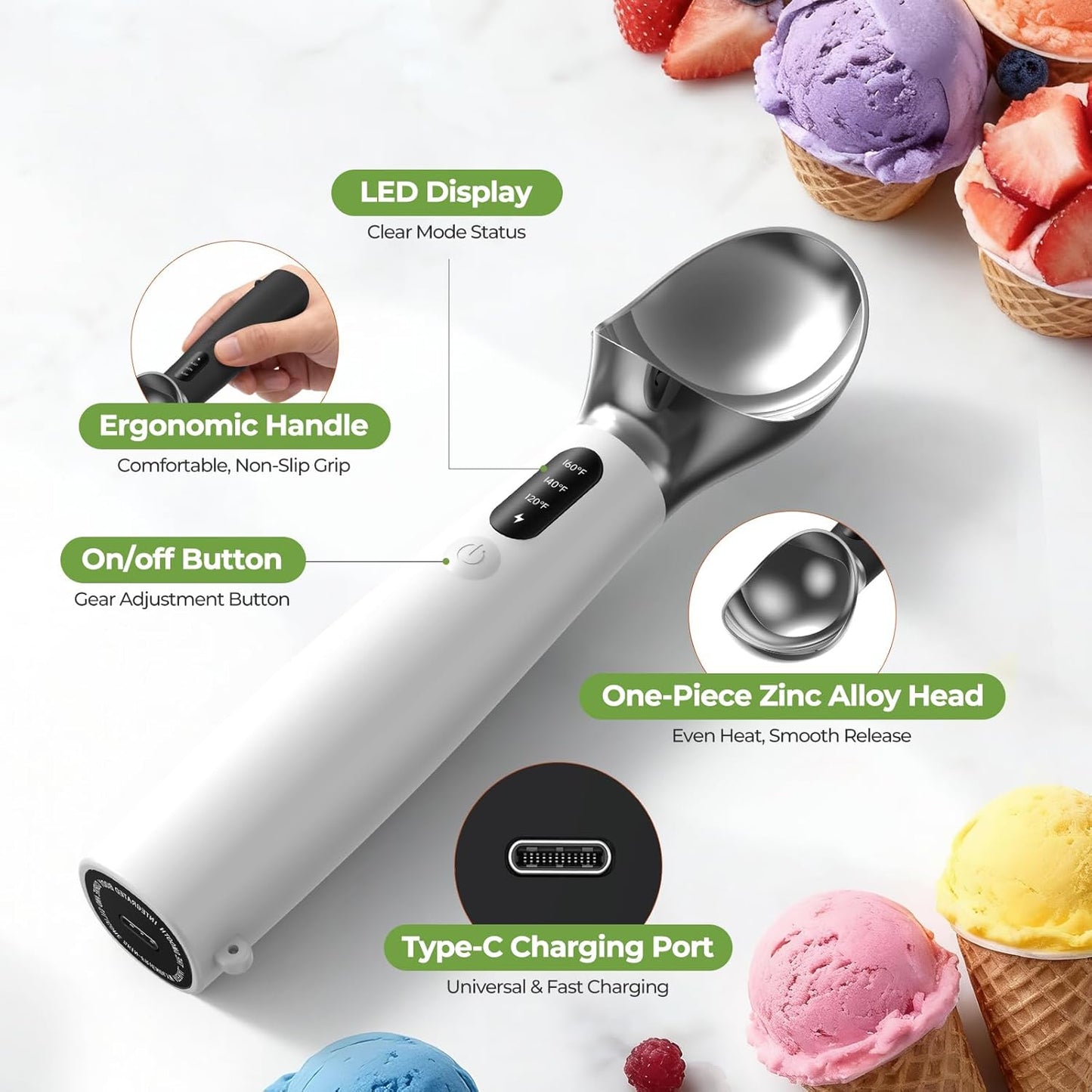 Heated Ice Cream Scoop, 3-Temp Modes & 160°F Fast Heating | Rechargeable with LED Monitor, IPX7 Waterproof, Easy Scoop for Hard Ice Cream and Dessert Scooper- Black