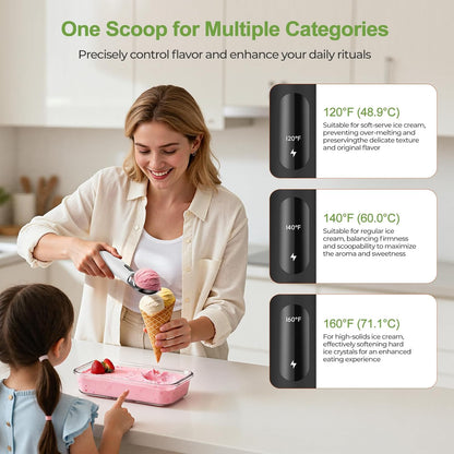 Heated Ice Cream Scoop, 3-Temp Modes & 160°F Fast Heating | Rechargeable with LED Monitor, IPX7 Waterproof, Easy Scoop for Hard Ice Cream and Dessert Scooper- Black