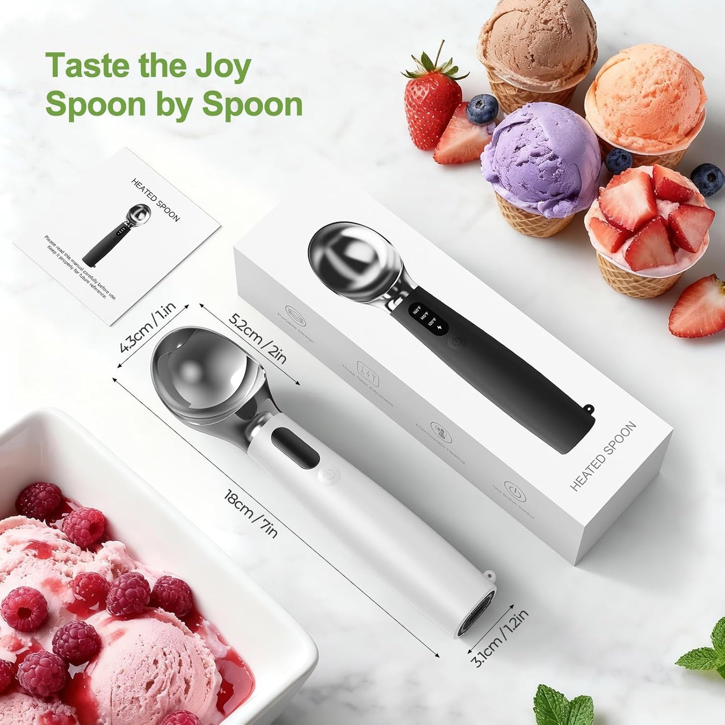 Heated Ice Cream Scoop, 3-Temp Modes & 160°F Fast Heating | Rechargeable with LED Monitor, IPX7 Waterproof, Easy Scoop for Hard Ice Cream and Dessert Scooper- Black