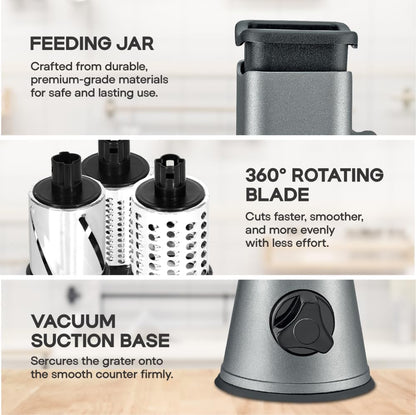 cheese grater hand crank manual, cheese shredder, High Grade steel housing-Vegetable Slicer salad shooter & vegetable shredder Rotary Grater Slicer for, Nuts, with 3 Interchangeable Blades