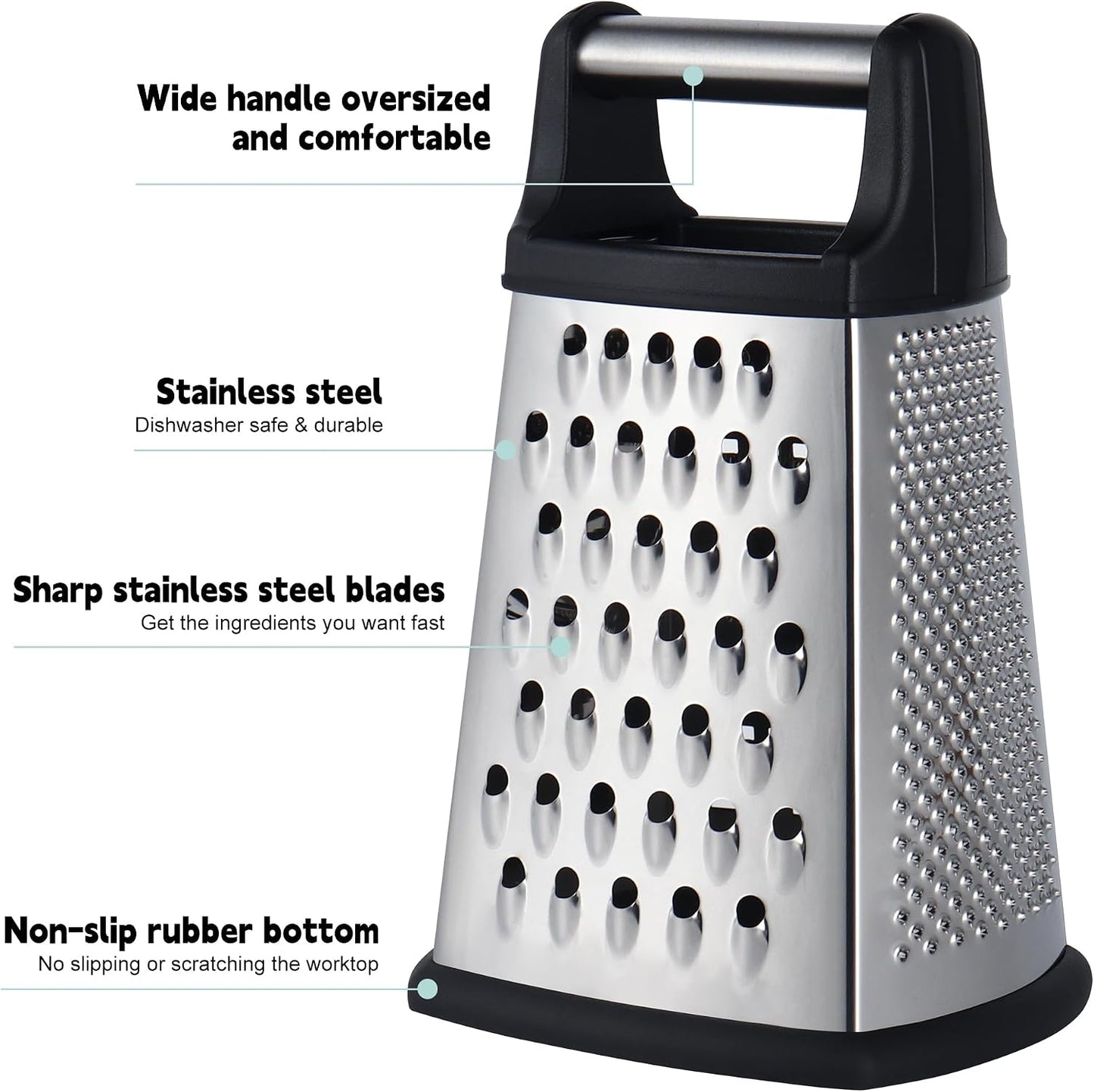 Professional Cheese Grater, 4-Sided Stainless Steel Box Grater, Food Shredder for Cheese, Parmesan, Vegetable, Black