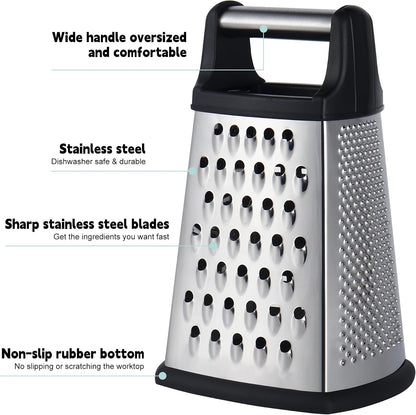 Professional Cheese Grater, 4-Sided Stainless Steel Box Grater, Food Shredder for Cheese, Parmesan, Vegetable, Black