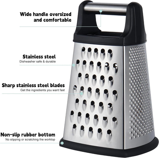 Professional Cheese Grater, 4-Sided Stainless Steel Box Grater, Food Shredder for Cheese, Parmesan, Vegetable, Black