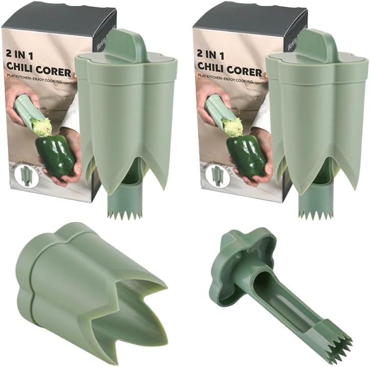 Pepper Corer, 2 in 1 Red Bell Pepper Seed Corer Remover Tool, Fruit & Vegetable Corers Quick Cave Tools for Jalapeno Cutter Deseeder, Green