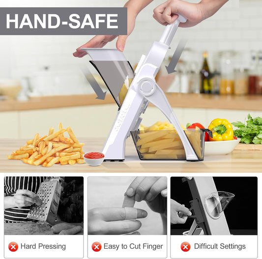 Safe Mandoline Slicer for Kitchen, Vegetable & Food Cutter (Only Slice) | Thickness Adjustable 0.1-8 mm, Potato Slicer for Chips, Easy to Clean, Storage, Kitchen Faster Slice, Dishwasher-safe (White)
