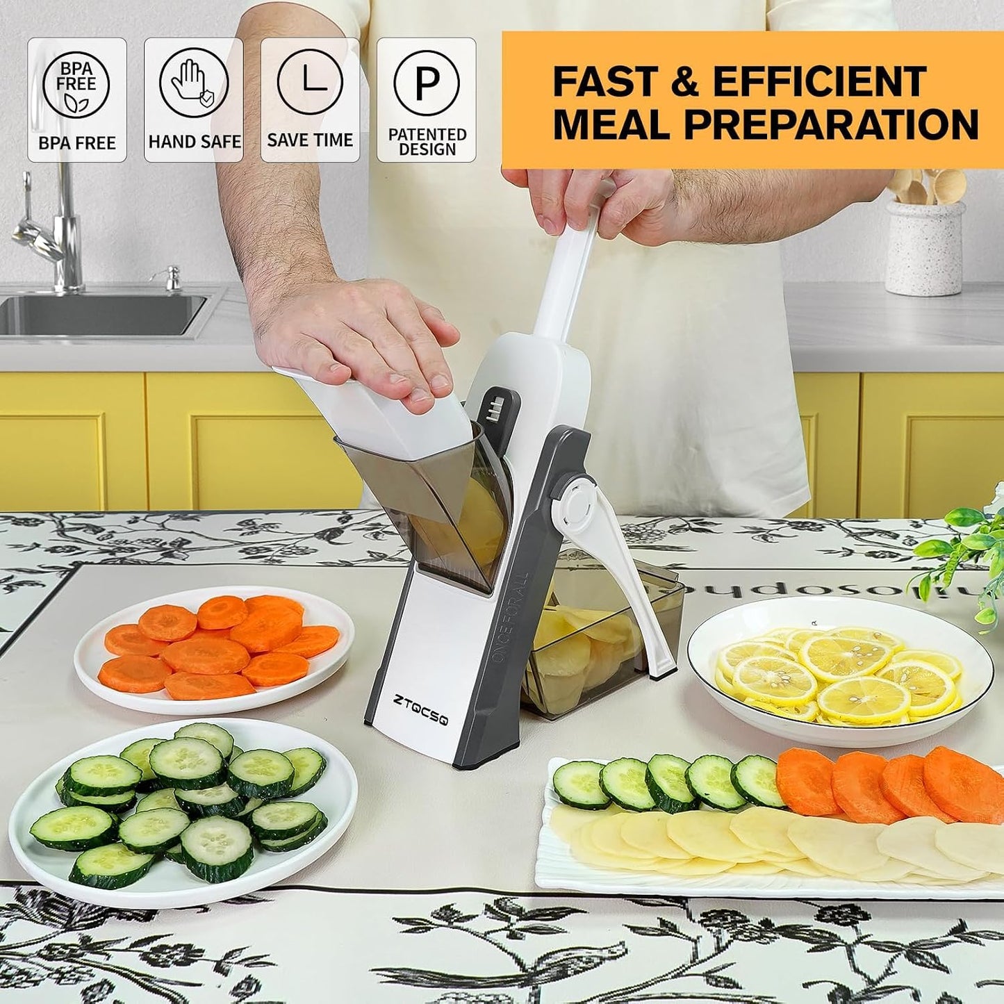Safe Mandoline Slicer for Kitchen, Vegetable & Food Cutter (Only Slice) | Thickness Adjustable 0.1-8 mm, Potato Slicer for Chips, Easy to Clean, Storage, Kitchen Faster Slice, Dishwasher-safe (White)