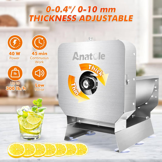 Electric Vegetable Slicer Commercial Fruit Veggie Cutter 0-0.4" | Stainless Steel, Thickness Adjustable, 300lb/h, Electric & Manual Dual Mode, Large Feed Inlet, for Onion Potato Lime Cabbage