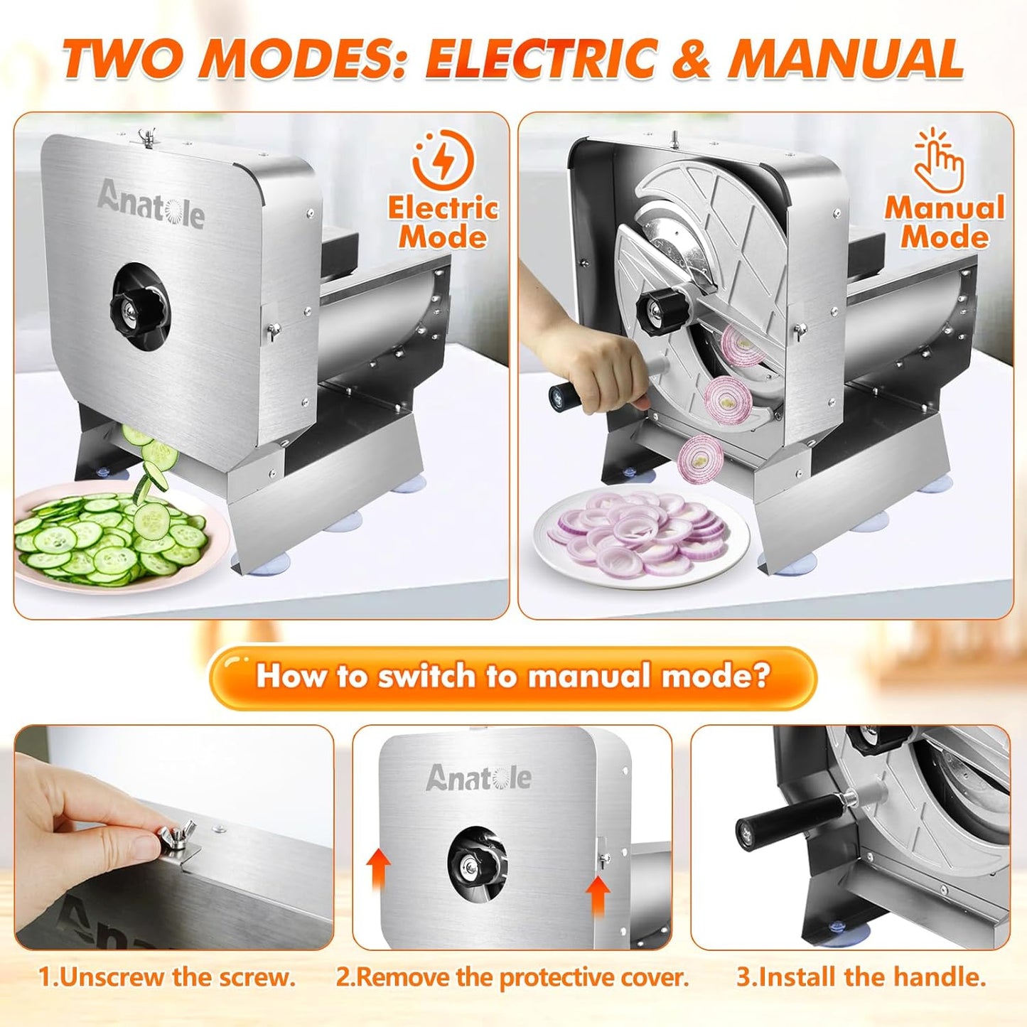 Electric Vegetable Slicer Commercial Fruit Veggie Cutter 0-0.4" | Stainless Steel, Thickness Adjustable, 300lb/h, Electric & Manual Dual Mode, Large Feed Inlet, for Onion Potato Lime Cabbage