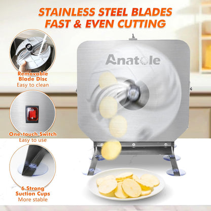 Electric Vegetable Slicer Commercial Fruit Veggie Cutter 0-0.4" | Stainless Steel, Thickness Adjustable, 300lb/h, Electric & Manual Dual Mode, Large Feed Inlet, for Onion Potato Lime Cabbage