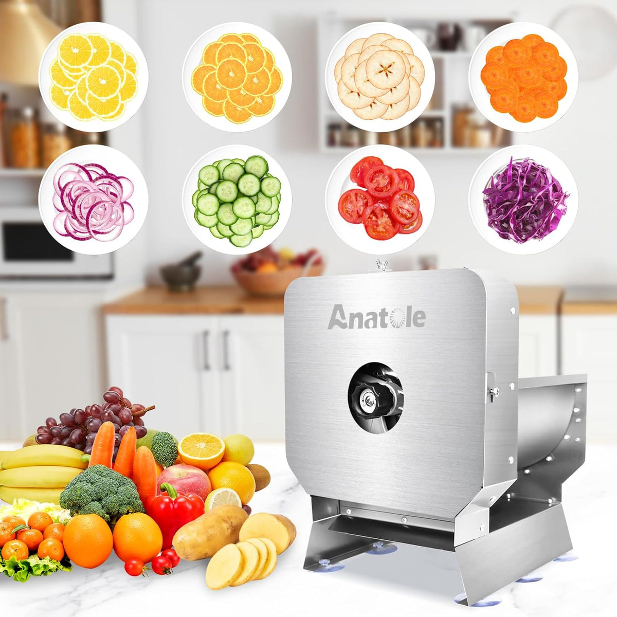 Electric Vegetable Slicer Commercial Fruit Veggie Cutter 0-0.4" | Stainless Steel, Thickness Adjustable, 300lb/h, Electric & Manual Dual Mode, Large Feed Inlet, for Onion Potato Lime Cabbage