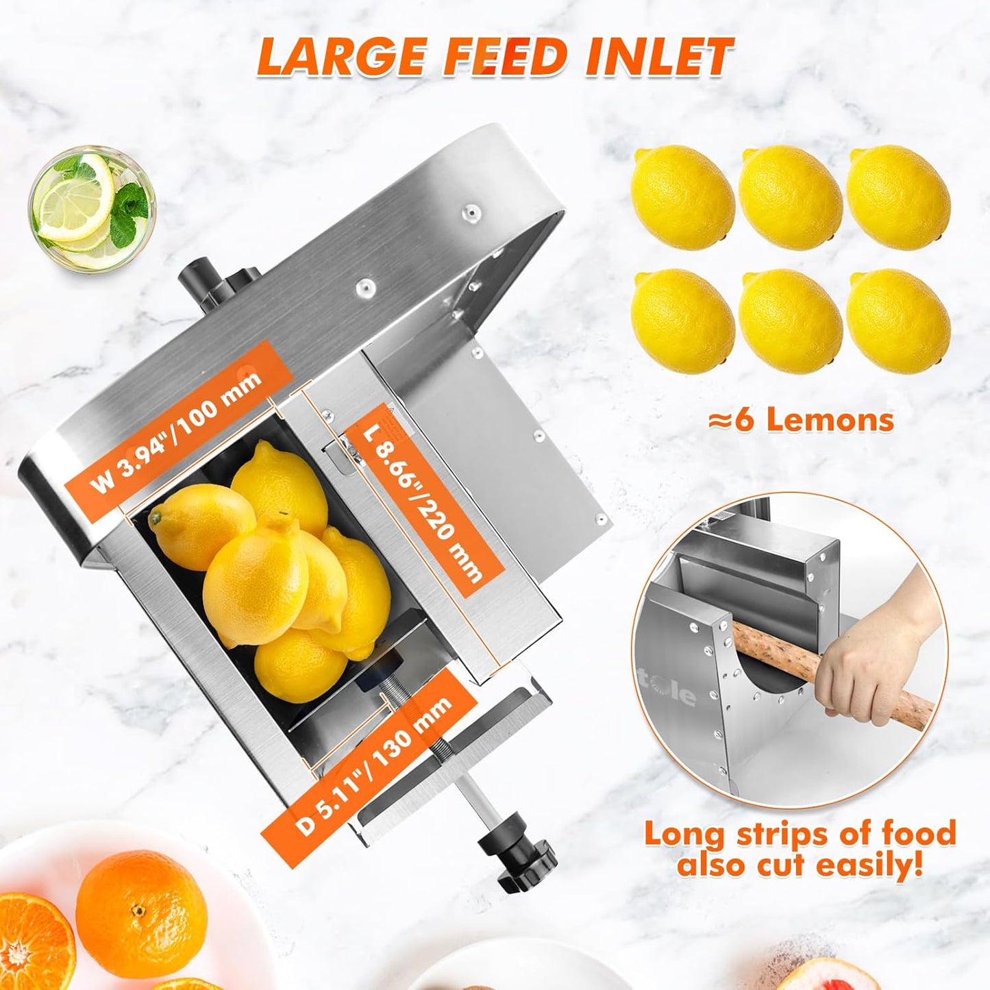 Electric Vegetable Slicer Commercial Fruit Veggie Cutter 0-0.4" | Stainless Steel, Thickness Adjustable, 300lb/h, Electric & Manual Dual Mode, Large Feed Inlet, for Onion Potato Lime Cabbage