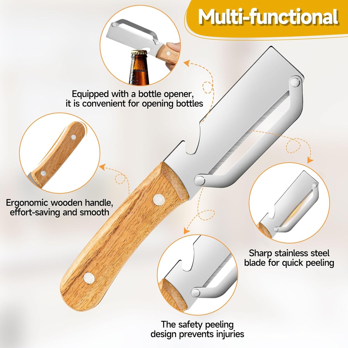 Multifunctional Vegetable Peeler, 2-in-1 kitchen peeler equipped with bottle opener, Zero Snag Wooden Kitchen Tool, Stainless Steel Peelers for Kitchen, Suitable for Fruits and Vegetables (1PCS)