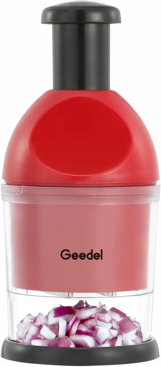 Food Chopper, Easy to Clean Manual Hand Vegetable Chopper, Dishwasher Safe Slap Onion Cutter for Veggies Onions Garlic Nuts Salads Red