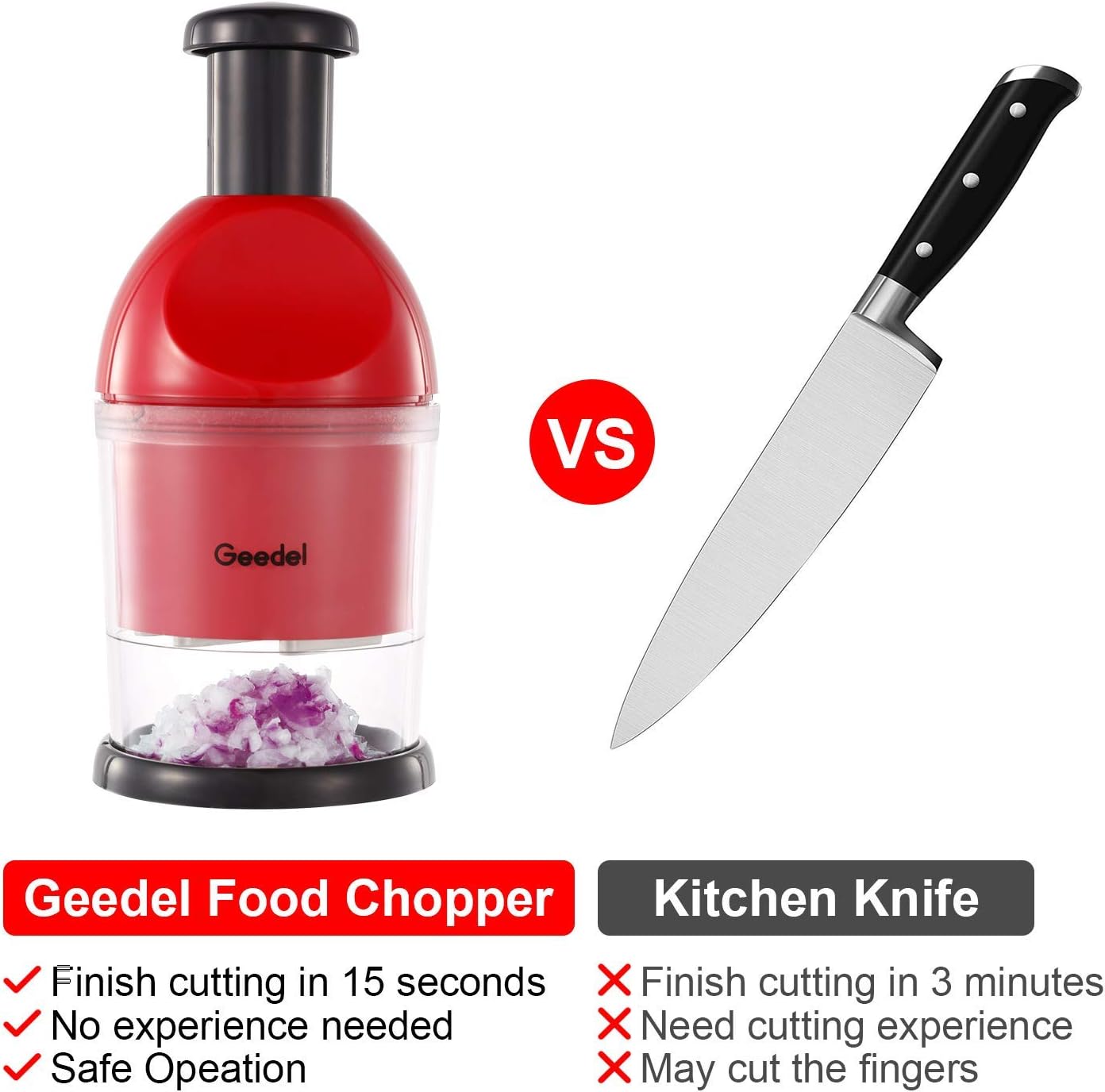 Food Chopper, Easy to Clean Manual Hand Vegetable Chopper, Dishwasher Safe Slap Onion Cutter for Veggies Onions Garlic Nuts Salads Red