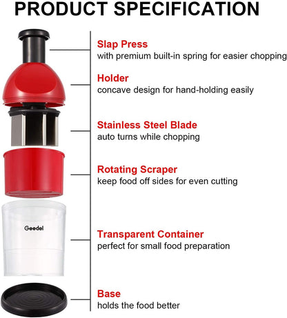 Food Chopper, Easy to Clean Manual Hand Vegetable Chopper, Dishwasher Safe Slap Onion Cutter for Veggies Onions Garlic Nuts Salads Red