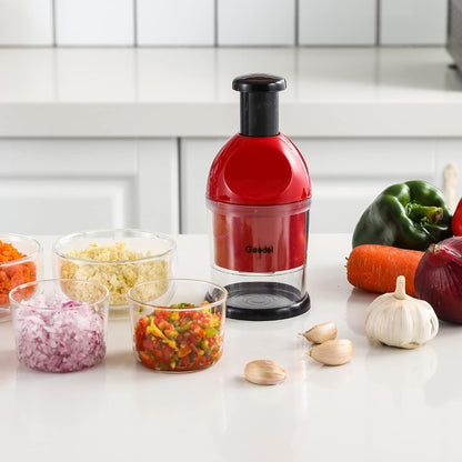 Food Chopper, Easy to Clean Manual Hand Vegetable Chopper, Dishwasher Safe Slap Onion Cutter for Veggies Onions Garlic Nuts Salads Red
