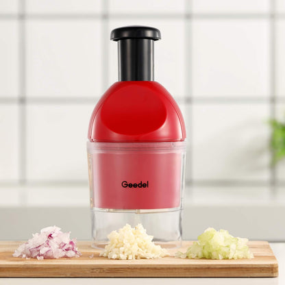 Food Chopper, Easy to Clean Manual Hand Vegetable Chopper, Dishwasher Safe Slap Onion Cutter for Veggies Onions Garlic Nuts Salads Red
