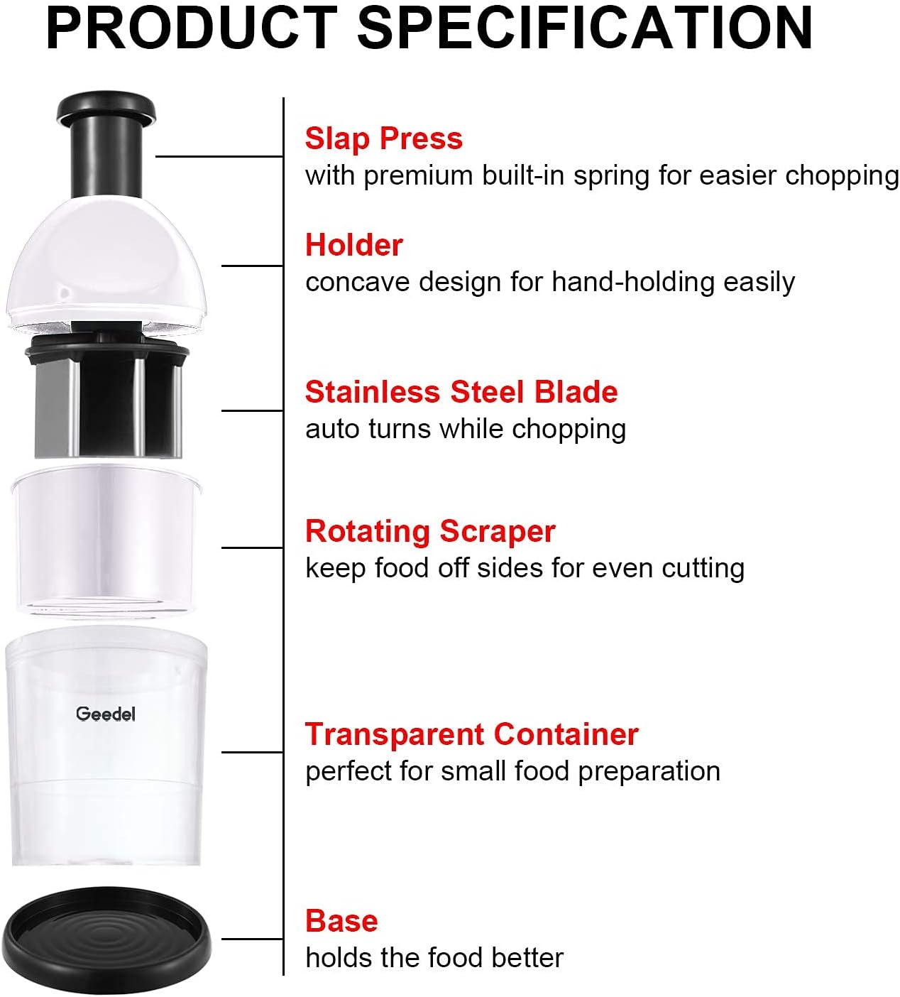 Food Chopper, Easy to Clean Manual Hand Vegetable Chopper, Dishwasher Safe Slap Onion Cutter for Veggies Onions Garlic Nuts Salads Red