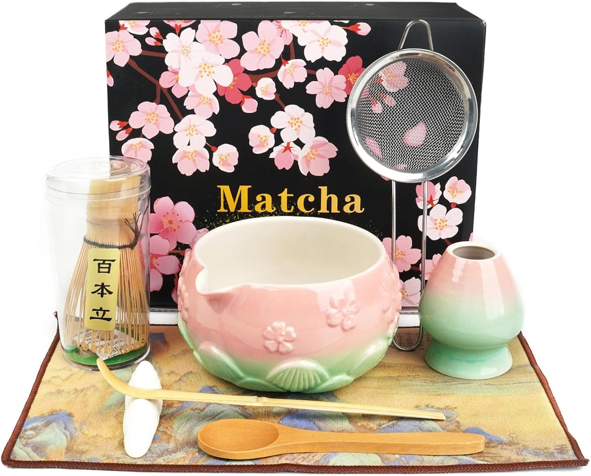 Mint Pink 8Pcs Matcha Whisk & Bowl Starter Kit Microwave Safe Chawan