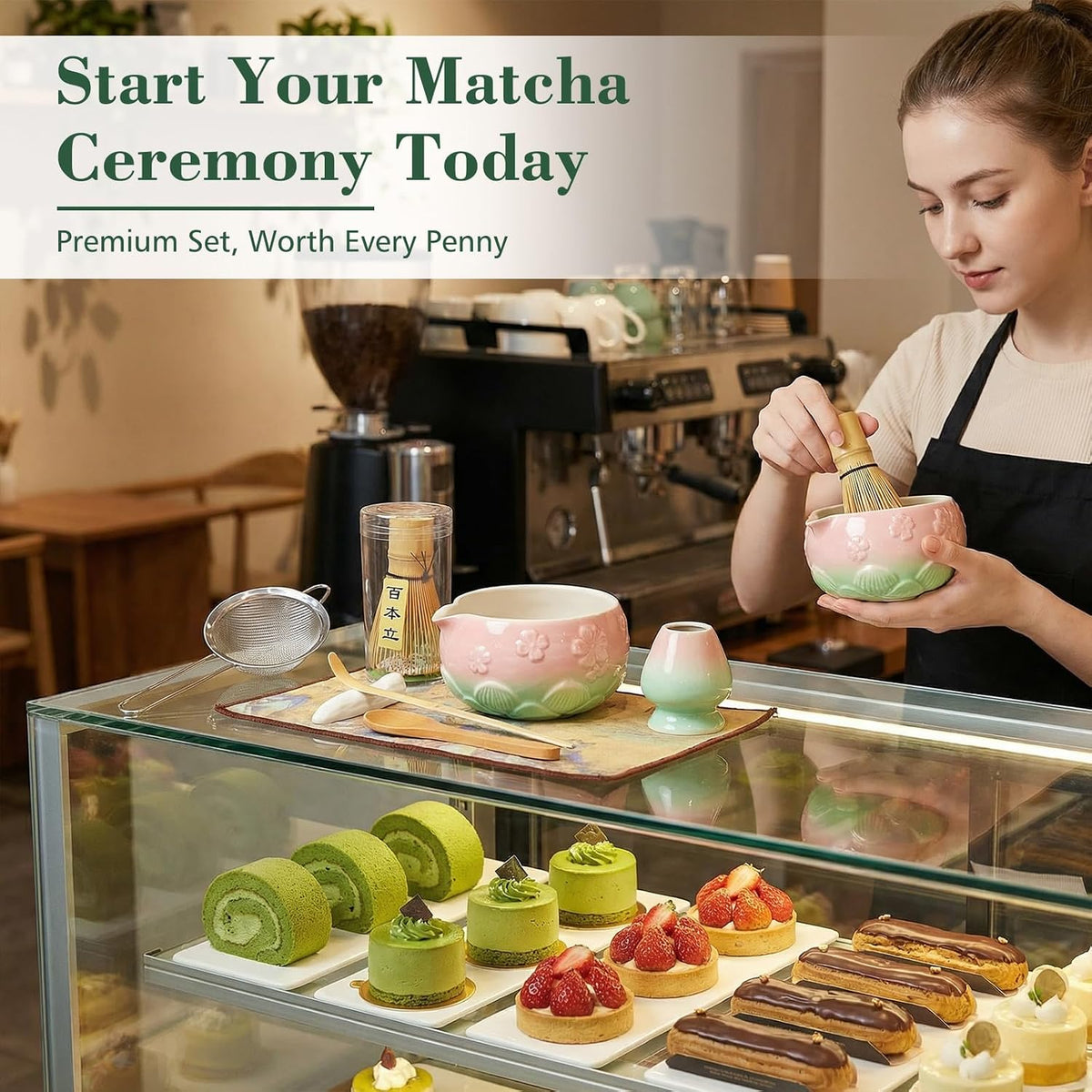 Mint Pink 8Pcs Matcha Whisk & Bowl Starter Kit Microwave Safe Chawan