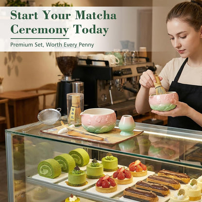 Mint Pink 8Pcs Matcha Whisk & Bowl Starter Kit Microwave Safe Chawan