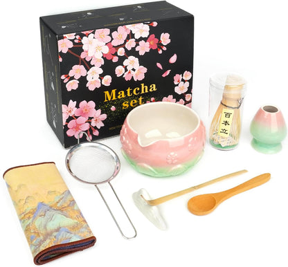 Mint Pink 8Pcs Matcha Whisk & Bowl Starter Kit Microwave Safe Chawan
