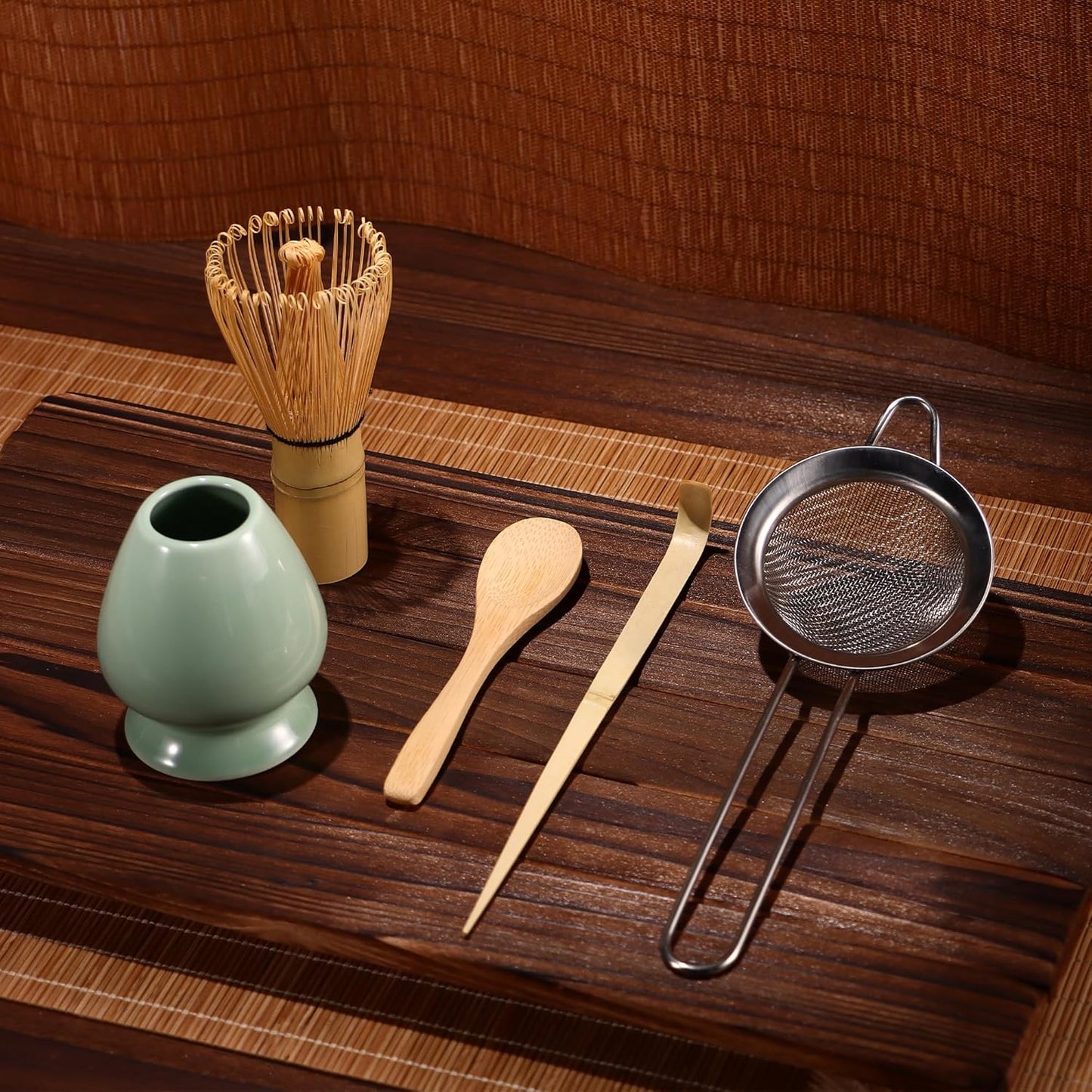 Matcha Whisk Set,Bamboo Matcha Whisk (Chasen),Traditional Scoop(Chashaku),Stainless Steel Sifter,Tea Spoon,Ceramic Holder,Japanese Tea Tools For Ceremony