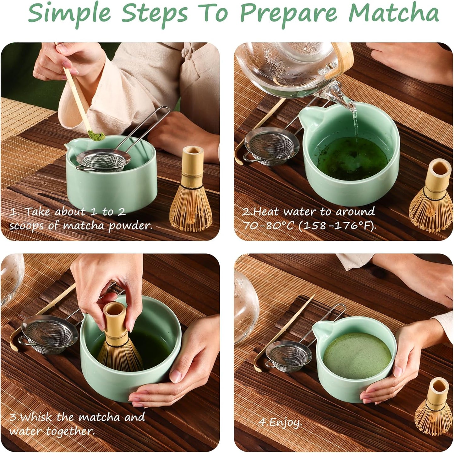 Matcha Whisk Set,Bamboo Matcha Whisk (Chasen),Traditional Scoop(Chashaku),Stainless Steel Sifter,Tea Spoon,Ceramic Holder,Japanese Tea Tools For Ceremony