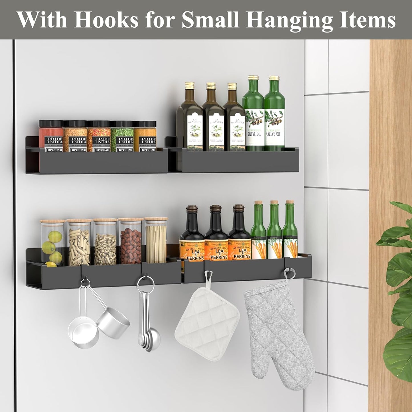 4 Pack Magnetic Spice Rack Organizer for Refrigerator and Oven, Black Fridge Organizers and Storage for Kitchen | Kitchen Magnetic Shelf for Fridge, Spice Organizer and Storage, Baby Bottle Holder for Fridge, Magnetic Tea Bag Organizer