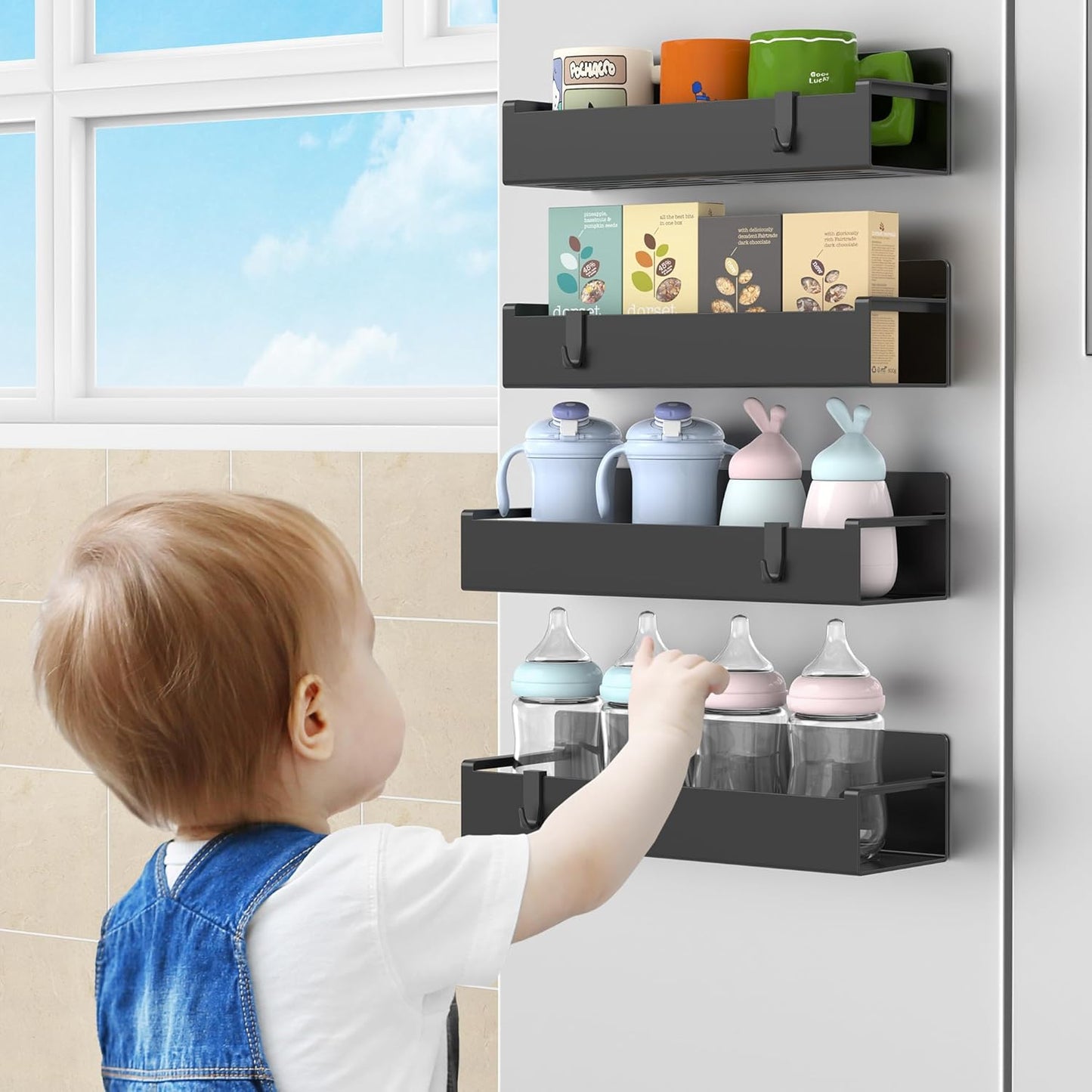 4 Pack Magnetic Spice Rack Organizer for Refrigerator and Oven, Black Fridge Organizers and Storage for Kitchen | Kitchen Magnetic Shelf for Fridge, Spice Organizer and Storage, Baby Bottle Holder for Fridge, Magnetic Tea Bag Organizer