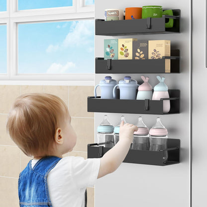 4 Pack Magnetic Spice Rack Organizer for Refrigerator and Oven, Black Fridge Organizers and Storage for Kitchen | Kitchen Magnetic Shelf for Fridge, Spice Organizer and Storage, Baby Bottle Holder for Fridge, Magnetic Tea Bag Organizer