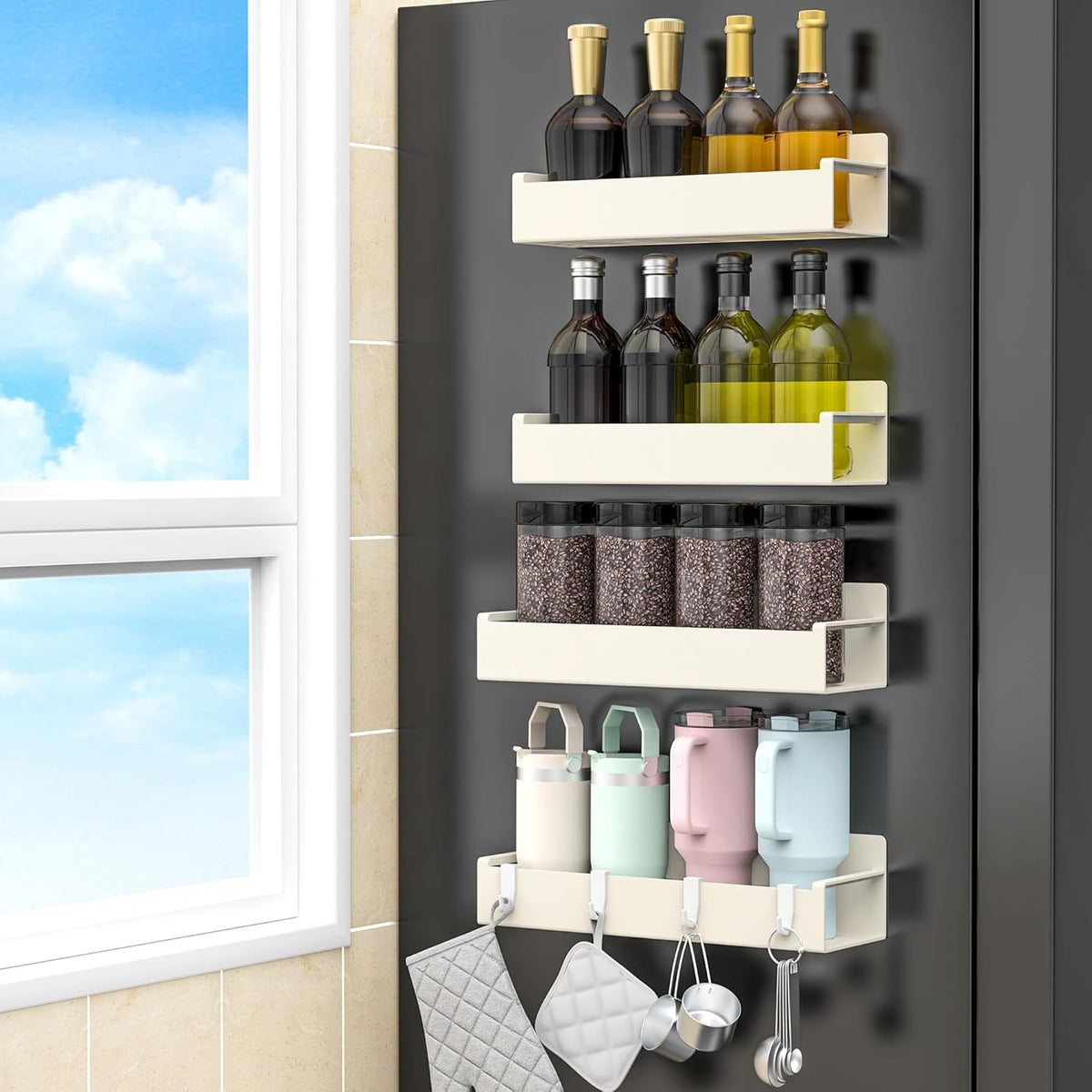 4 Pack Magnetic Spice Rack Organizer for Refrigerator and Oven, Black Fridge Organizers and Storage for Kitchen | Kitchen Magnetic Shelf for Fridge, Spice Organizer and Storage, Baby Bottle Holder for Fridge, Magnetic Tea Bag Organizer