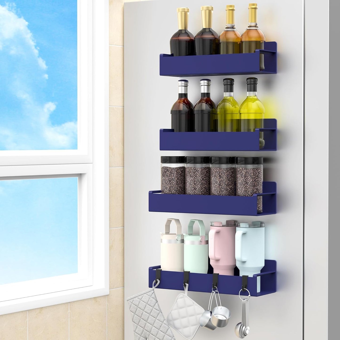 4 Pack Magnetic Spice Rack Organizer for Refrigerator and Oven, Black Fridge Organizers and Storage for Kitchen | Kitchen Magnetic Shelf for Fridge, Spice Organizer and Storage, Baby Bottle Holder for Fridge, Magnetic Tea Bag Organizer
